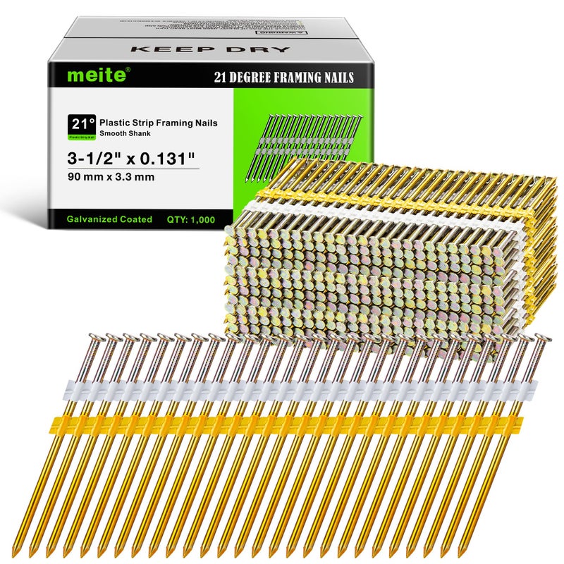 meite 21 Degree Framing Nails 3-1/2 Inch Galvanized Plastic Collated Nails, Full Round Head Ring Shank Structural Nails for Framing Nailer Gun on Truss Assembly and Subfloors 1,000PCS - Image 1