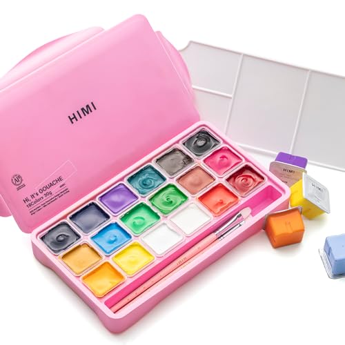 HIMI Gouache Paints Set, 18 Colors, 30g, jelly gouache paint set, Non Toxic Paint for Canvas and Paper, Art Supplies for Professionals, and More (Pink Case) - Image 1