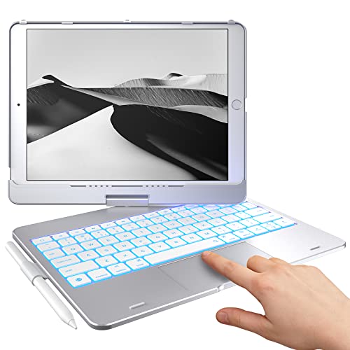 typecase حافظة تايبكيس تاتش مع لوحة مفاتيح لجهاز iPad الجيل التاسع (10.2"، 2021)، لوحة تتبع متعددة اللمس، إضاءة خلفية بـ 10 ألوان، 360، نحيفة وخفيفة - iPad الجيل الثامن (2020)، الجيل السابع (2019)، Air 3، Pro 10.5 (فضي) - Image 1