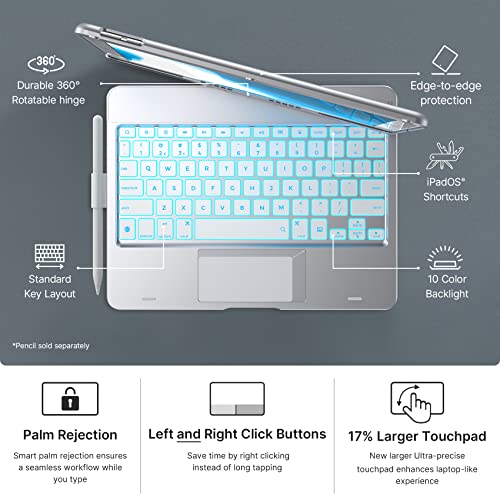 typecase حافظة تايبكيس تاتش مع لوحة مفاتيح لجهاز iPad الجيل التاسع (10.2"، 2021)، لوحة تتبع متعددة اللمس، إضاءة خلفية بـ 10 ألوان، 360، نحيفة وخفيفة - iPad الجيل الثامن (2020)، الجيل السابع (2019)، Air 3، Pro 10.5 (فضي) - Image 3