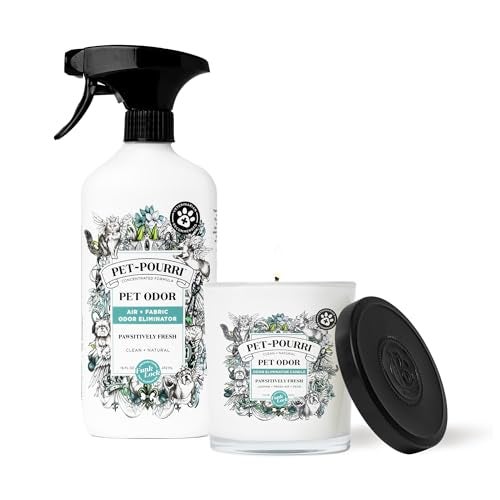 Poo-Pourri باستخدام PetPourri رائحة الحيوانات الأليفة المنعشة 16 أونصة سائلة من رذاذ الهواء والأقمشة و75 أونصة من الشمعة برائحة الياسمين والكمثرى