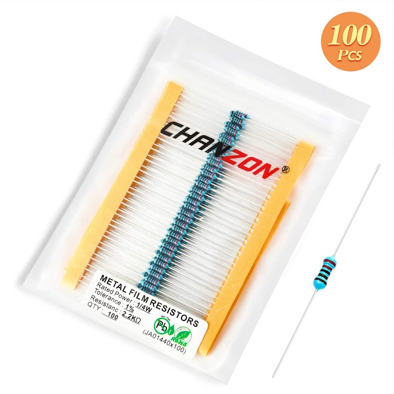 CHANZON 100 قطعة مقاوم 2.2K Ω 1/4 واط (0.25 واط) 2k2 مقاوم ثابت من الفيلم المعدني 0.01 ±1% تحمل 2.2KR MF مقاومات ثقب المرور محدودة التيار مع شهادة روهس - Image 4