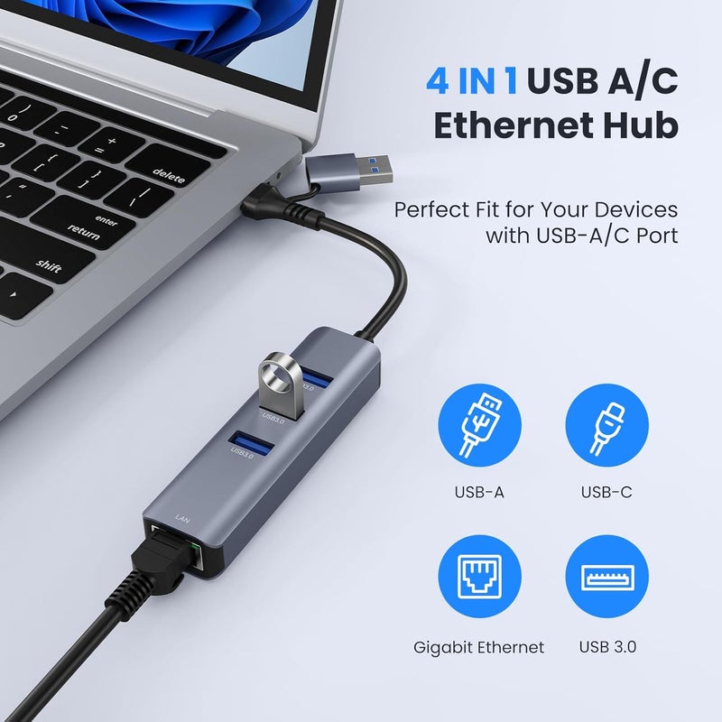 ABLEWE USB to Ethernet Adapter, USB 3.0/USB C to RJ45 Network Internet 2.5Gbps, Compatible with MacBook/Pro/Air, iPhone 15/16 Pro/Max, iPad Pro, Surface Pro, Windows 11/10/8/7, MacOS, Chromebook - Image 2
