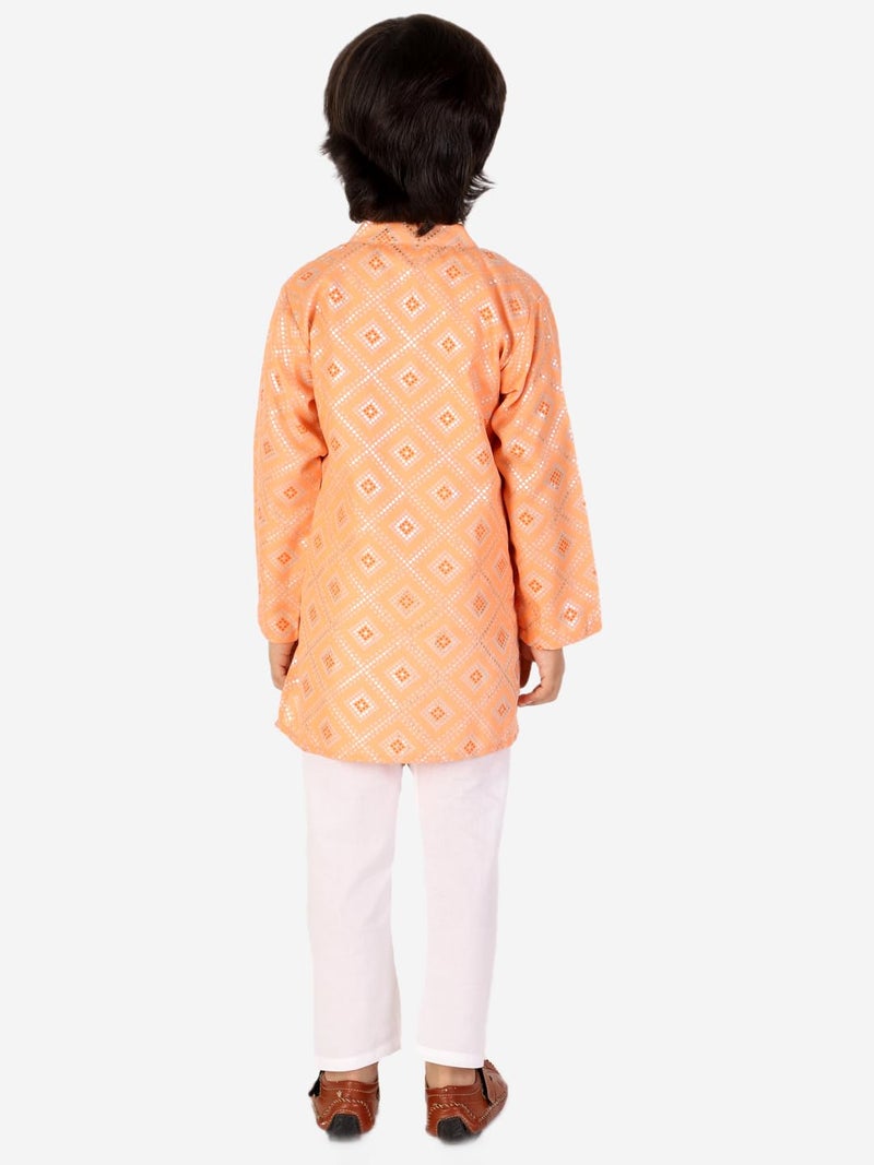 superminis Boys Silver Foil Printed Cotton Kurta, Round Collar, Full Sleeves With White Pyjama (Peach, 5-6 Years) - Image 5