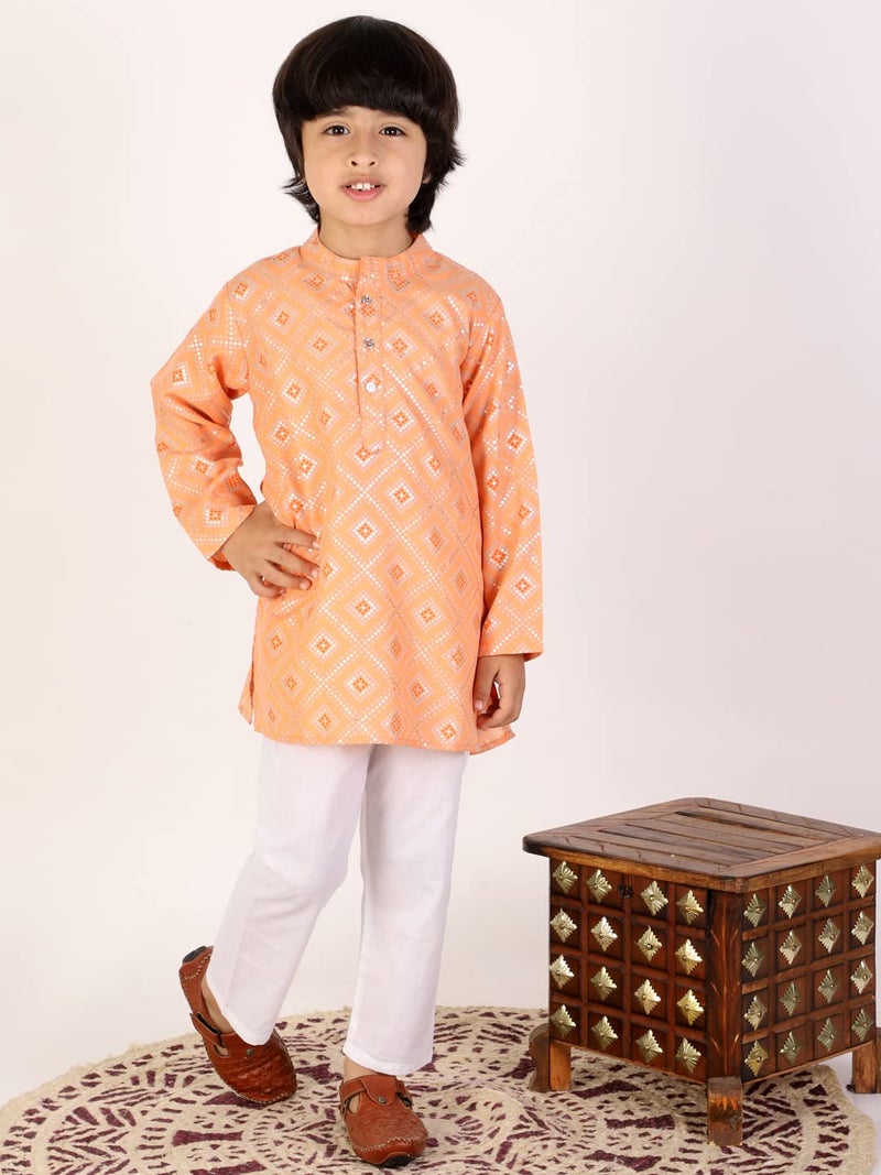superminis Boys Silver Foil Printed Cotton Kurta, Round Collar, Full Sleeves With White Pyjama (Peach, 5-6 Years) - Image 2