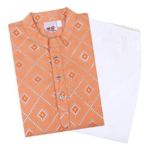 superminis Boys Silver Foil Printed Cotton Kurta, Round Collar, Full Sleeves With White Pyjama (Peach, 5-6 Years) - Image 1