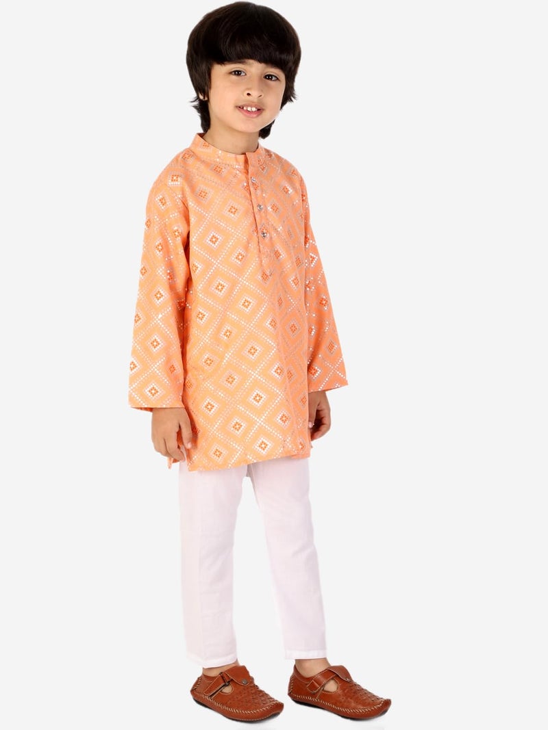 superminis Boys Silver Foil Printed Cotton Kurta, Round Collar, Full Sleeves With White Pyjama (Peach, 5-6 Years) - Image 3