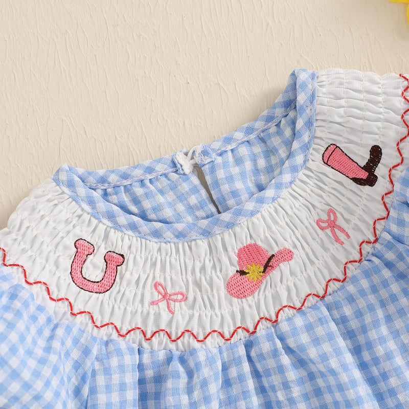 Licupiee Baby Girl Smocked Western Romper Short Sleeve Bubble Rompers Summer Clothes Plaid Print Embroidery Bow Bodysuit Tops (Blue, 0-3 Months) - Image 4