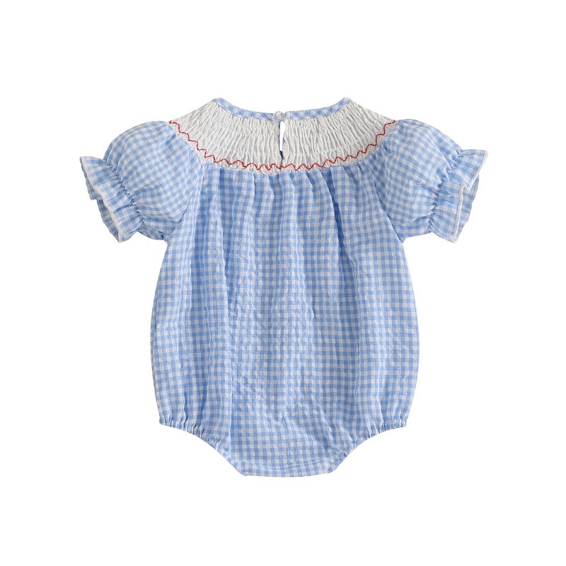 Licupiee Baby Girl Smocked Western Romper Short Sleeve Bubble Rompers Summer Clothes Plaid Print Embroidery Bow Bodysuit Tops (Blue, 0-3 Months) - Image 2