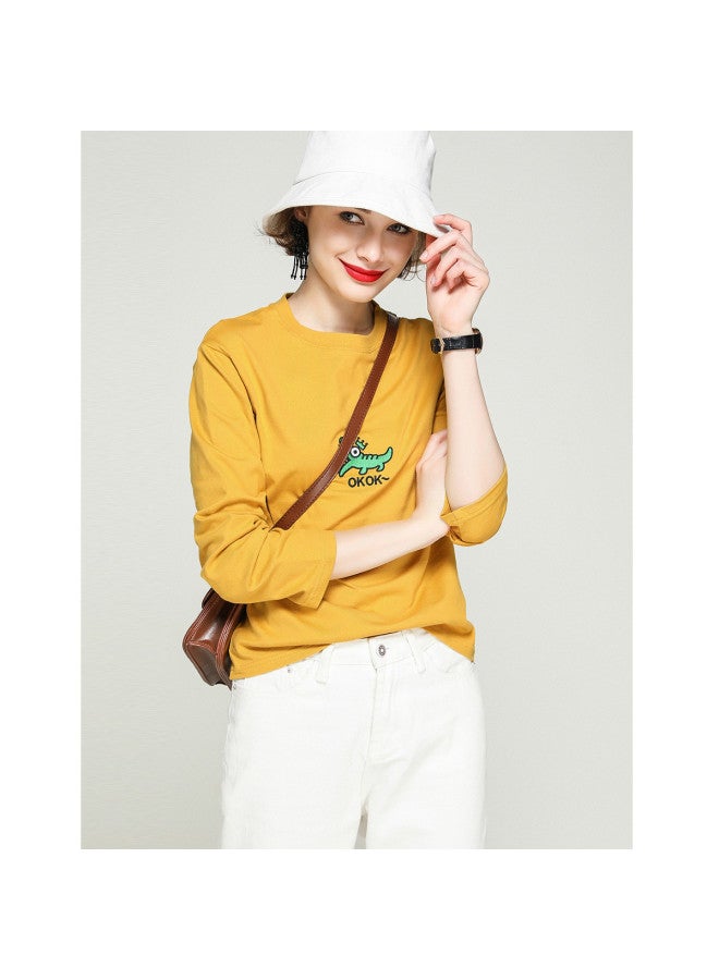 Cartoon Animal Embroidery】casual Loose-fit Cotton T-shirt - Round Neck Solid Color Versatile Top For Spring/autumn - Image 5