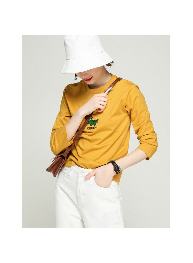 Cartoon Animal Embroidery】casual Loose-fit Cotton T-shirt - Round Neck Solid Color Versatile Top For Spring/autumn - Image 3