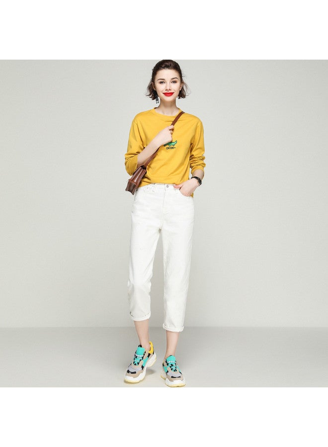 Cartoon Animal Embroidery】casual Loose-fit Cotton T-shirt - Round Neck Solid Color Versatile Top For Spring/autumn - Image 4
