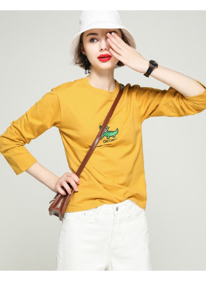 Cartoon Animal Embroidery】casual Loose-fit Cotton T-shirt - Round Neck Solid Color Versatile Top For Spring/autumn - Image 1
