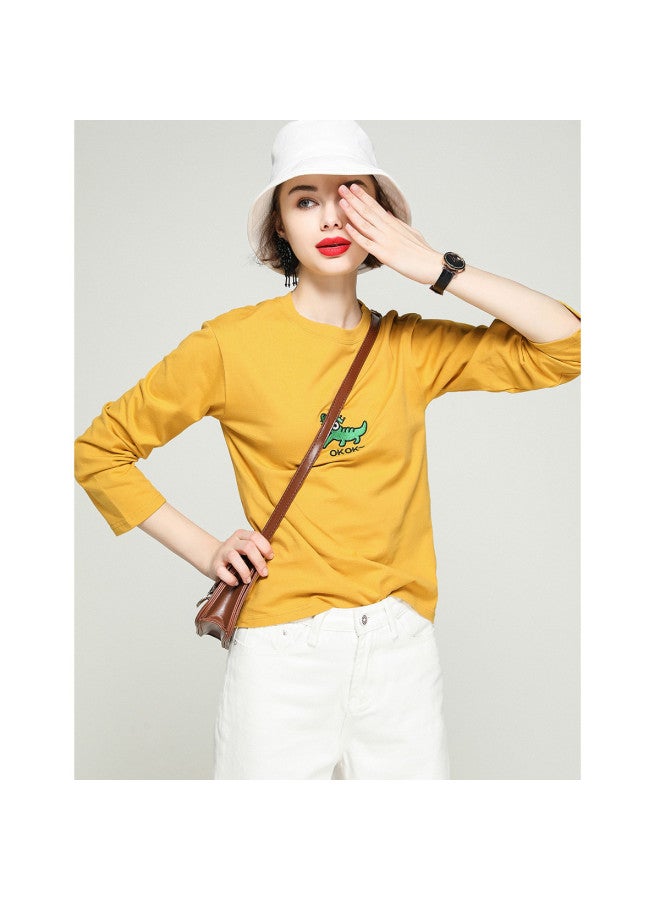 Cartoon Animal Embroidery】casual Loose-fit Cotton T-shirt - Round Neck Solid Color Versatile Top For Spring/autumn - Image 2