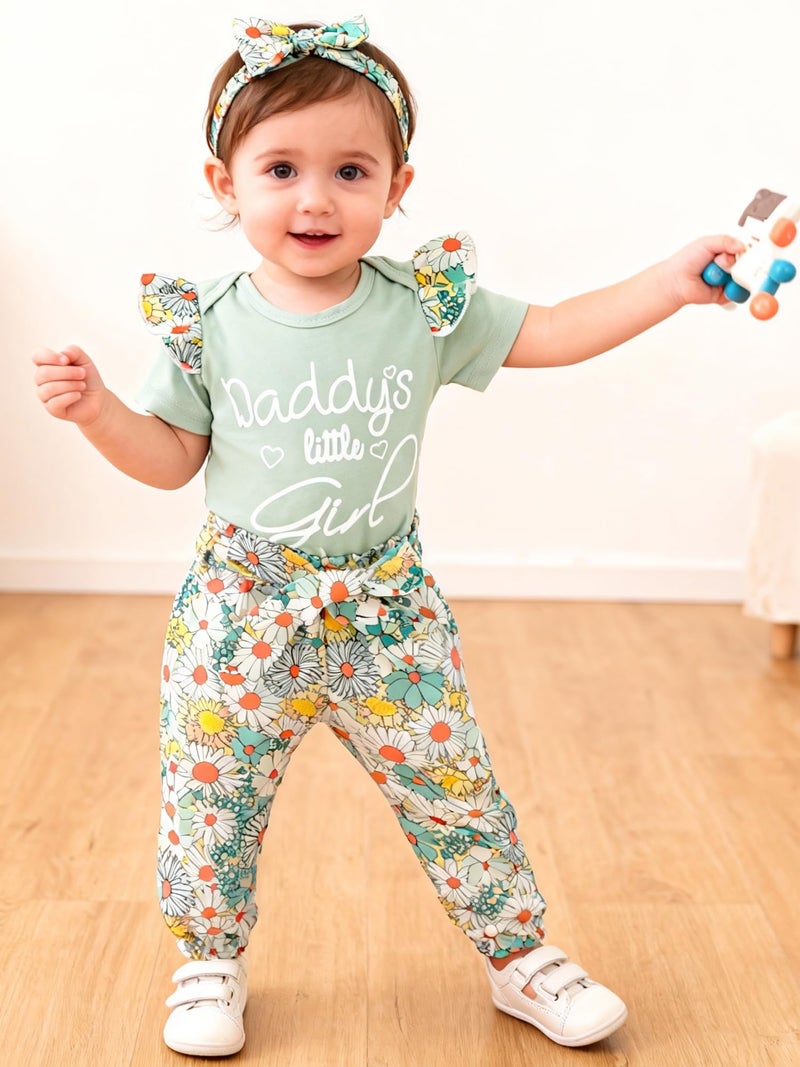 AMAWMW Newborn Baby Girl Clothes Daddy's Little Girl Short Sleeve Romper Floral Pants Headband Set 3Pcs Newborn Infant Outfit, C-Green, 3-6 Months - Image 3