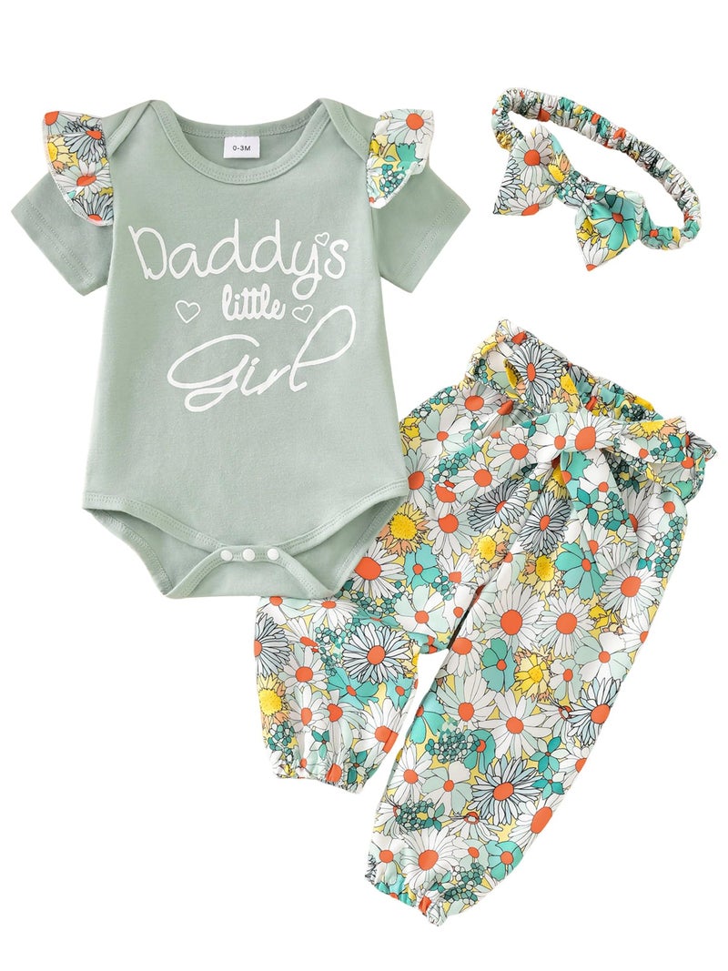 AMAWMW Newborn Baby Girl Clothes Daddy's Little Girl Short Sleeve Romper Floral Pants Headband Set 3Pcs Newborn Infant Outfit, C-Green, 3-6 Months - Image 1