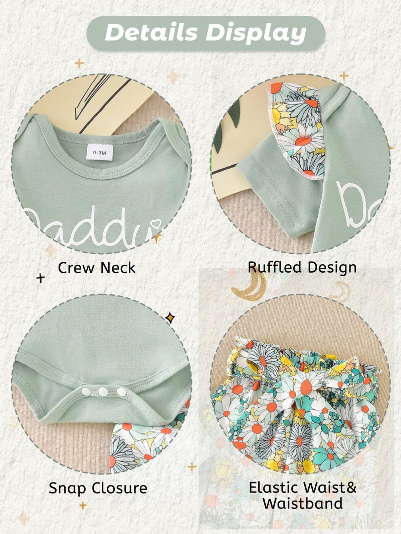 AMAWMW Newborn Baby Girl Clothes Daddy's Little Girl Short Sleeve Romper Floral Pants Headband Set 3Pcs Newborn Infant Outfit, C-Green, 3-6 Months - Image 4