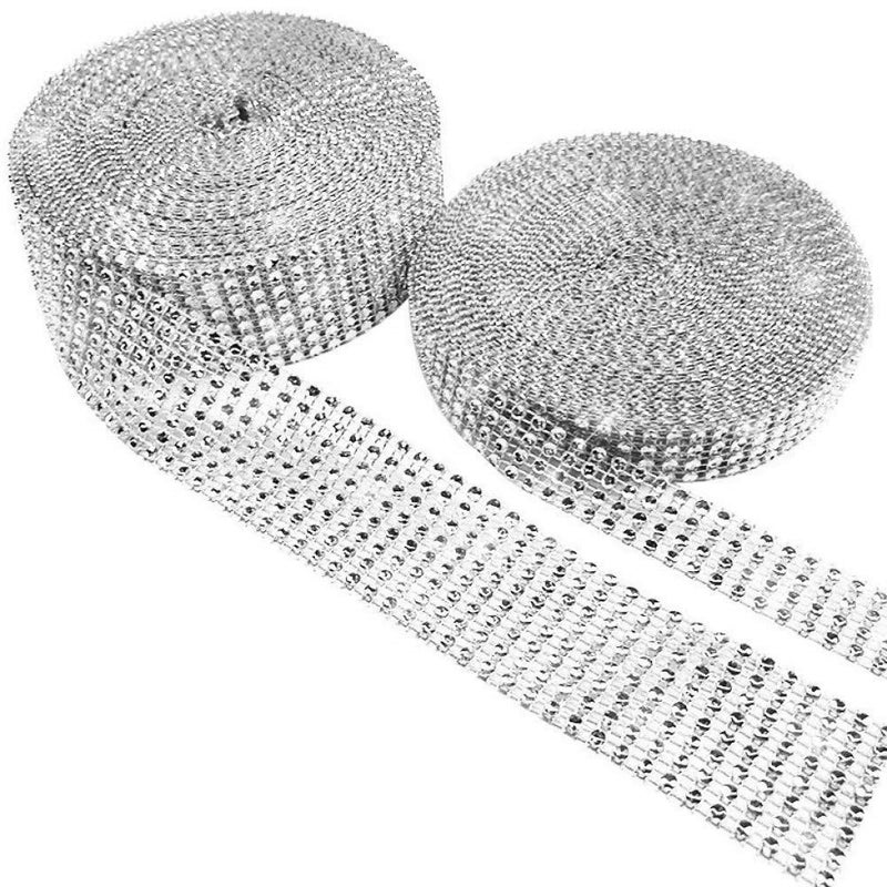4 Row 8 Row 20 Yard Acrylic Rhinestone Dismond Ribbon Roll Sparkling Diamond Mesh Wrap Roll for Wedding Cakes Birthday Decorations Shower Party Supplies Arts and Crafts Silver
