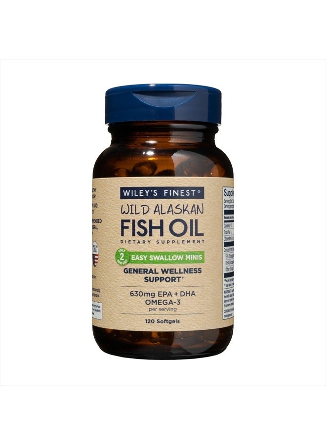 Wiley's Finest Wild Alaskan Fish Oil Easy Swallow Minis - Omega-3 Fish Oil Supplement for Adults and Kids - Double-Strength 630mg EPA and DHA Natural Supplement - 120 Mini Softgels (60 Servings) - Image 1