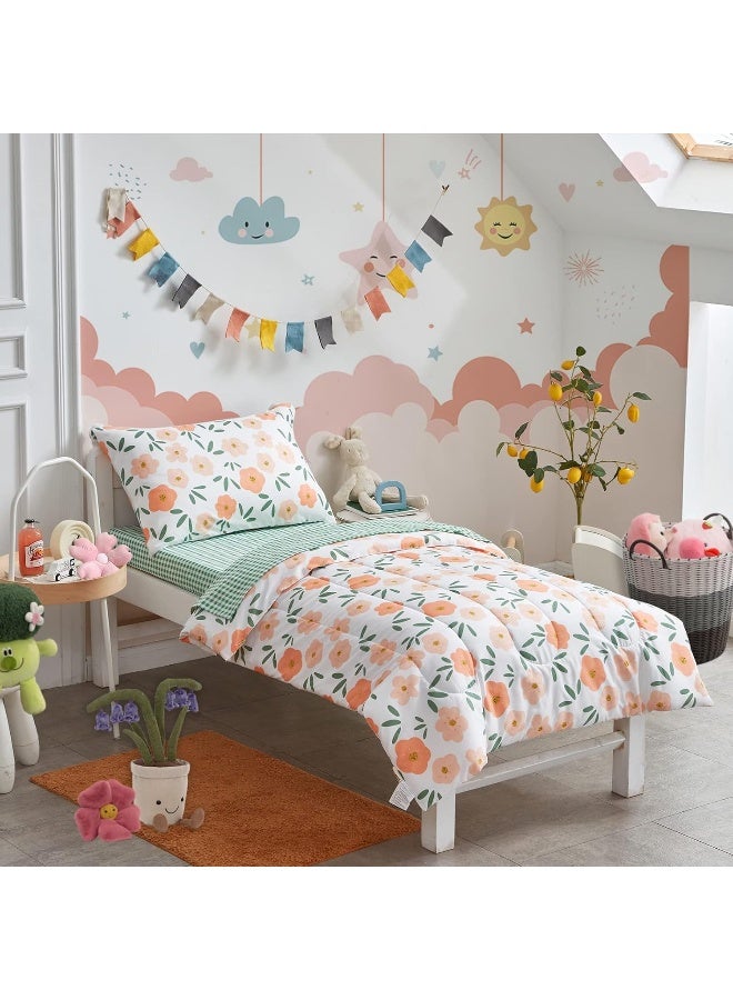 UOZZI BEDDING 4 Pieces White Toddler Set Orange Floral Style - Image 1