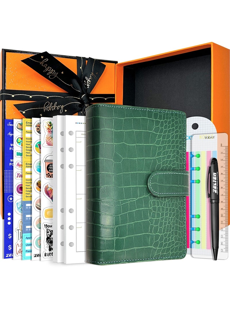 Zelten PU Leather Personal Notebook Planner with 67 Pages Loose-Leaf Papers 6 Holes Ring Binder Pen Holder Magnetic Buckle (Green Faux Crocodile Texture)