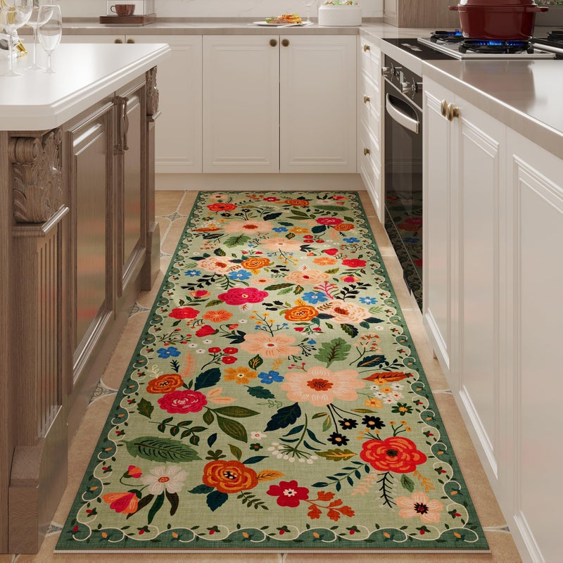 Rugcomf Runner Rug for Hallways Kitchen Rug Non Slip 2'6''x8' Washable Runner Rugs with Rubber Backing Soft Floral Carpet Runner for Hallways, Kitchen, Laundry, Bedroom, Bathroom(Green) - Image 1