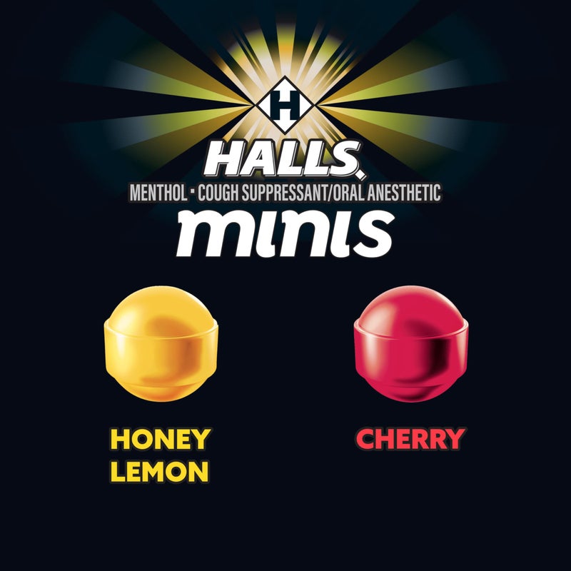 HALLS Minis Cherry and Honey Lemon Sugar Free Cough Drops Variety Pack, 2 Bags, 4 Packs (96 Total Drops) - Image 3