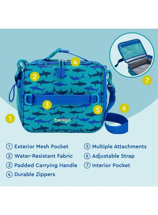بنتجو Kids Prints Lunch Bagdouble Insulated, Durable, Water - Resistant Fabric With Interior And Exterior Zippered Pockets And External Bottle Holder - Ideal For Children of All Ages (Shark)
