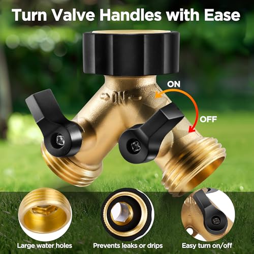 IPOW Solid Brass Body Backyard 2 Way Y Valve Garden Hose Connector Splitter Adapter + Extra 4 Rubber Hose Washers with Comfort Grip, 2 Pack - Image 2