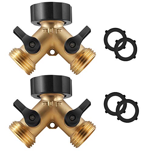 IPOW Solid Brass Body Backyard 2 Way Y Valve Garden Hose Connector Splitter Adapter + Extra 4 Rubber Hose Washers with Comfort Grip, 2 Pack - Image 1