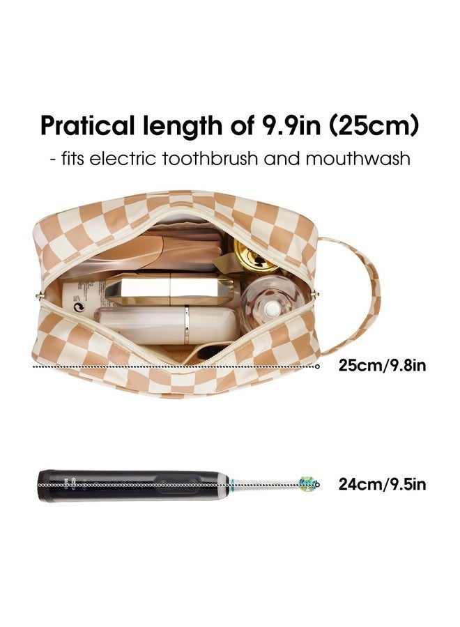 Narwey Travel Toiletry Bag For Women Traveling Dopp Kit Makeup Bag Organizer For Toiletries Accessories Cosmetics (Light Brown Checkerboard) - Image 2