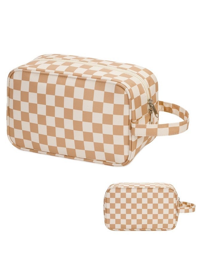 Narwey Travel Toiletry Bag For Women Traveling Dopp Kit Makeup Bag Organizer For Toiletries Accessories Cosmetics (Light Brown Checkerboard) - Image 1