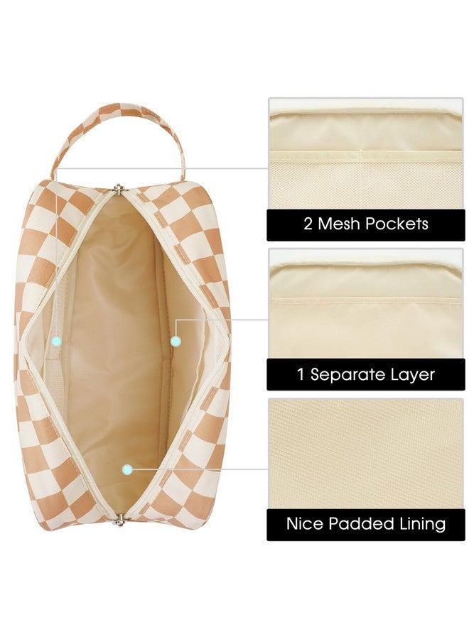 Narwey Travel Toiletry Bag For Women Traveling Dopp Kit Makeup Bag Organizer For Toiletries Accessories Cosmetics (Light Brown Checkerboard) - Image 4