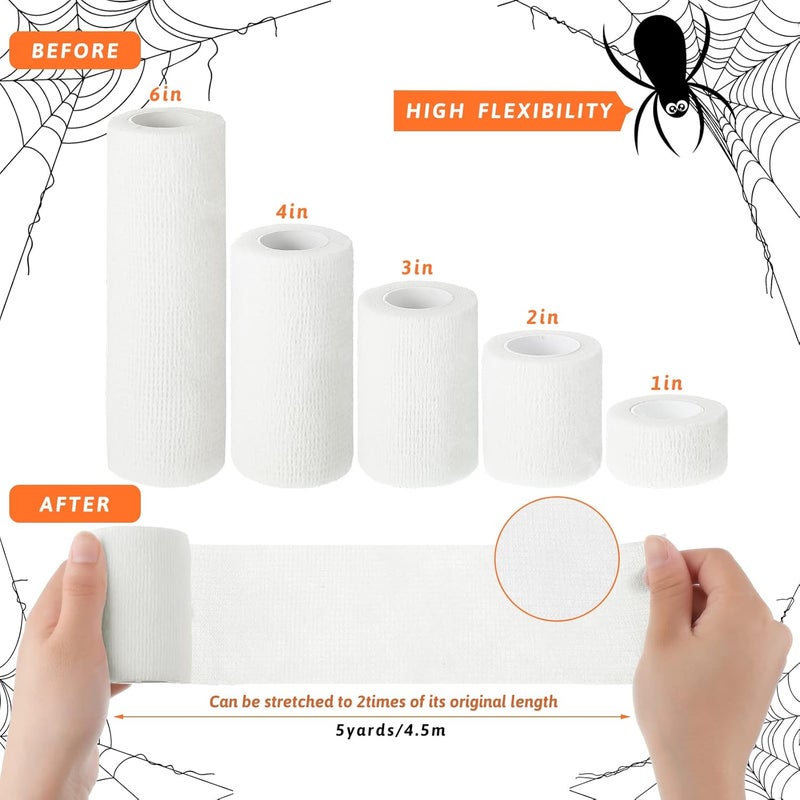 Lothee 10 Rolls 50 Yards Halloween Mummy Bandage Wrap for Costume Zombie Bandage Gauze Rolls 5 Sizes Self Adhesive Bandage Wrap Stretch Cosplay Bandages Mummy Costume Cloth Bandages - Image 3