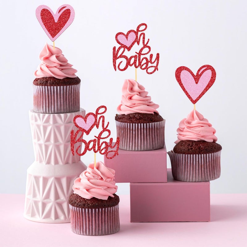 Moitkptt 24Pcs Valentine's Day Oh Baby Cupcake Toppers for Baby Shower Party Decorations  Valentine's Day Theme Baby Shower Cake Decorations (oh baby) - Image 3