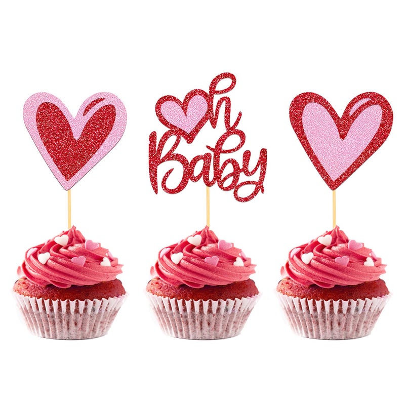 Moitkptt 24Pcs Valentine's Day Oh Baby Cupcake Toppers for Baby Shower Party Decorations  Valentine's Day Theme Baby Shower Cake Decorations (oh baby) - Image 1