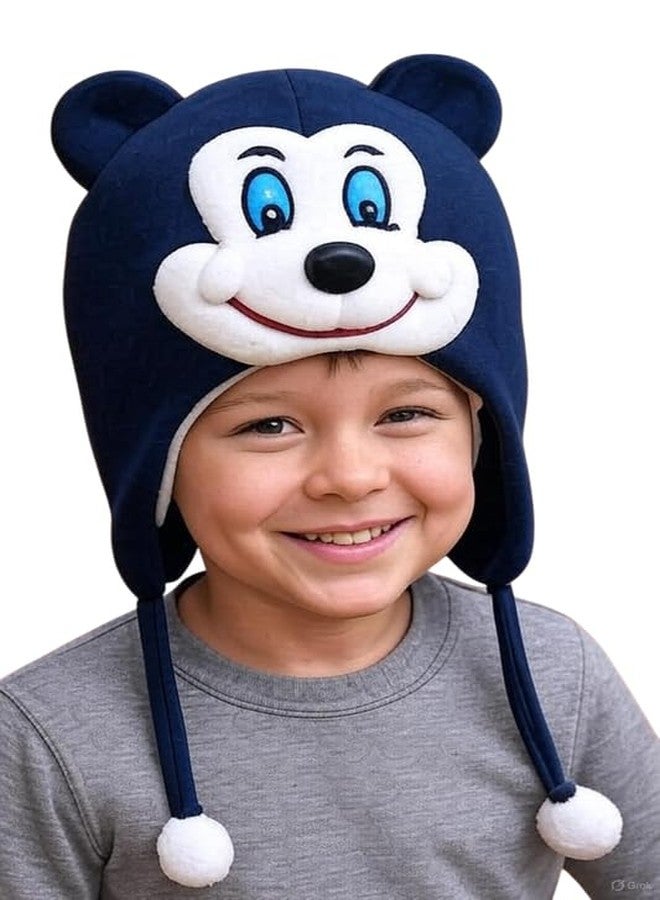 Krystle Cute Bear Face Knit Hat for Kids - Soft & Warm with Ears & Pom Poms (Blue,6-12 Months) - Image 1