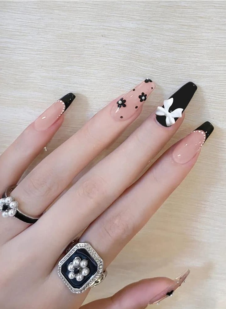 Medium Pink Press on Nails with Glossy Finish Floral Art Design 24 Pcs Fake Acrylic Nail Set for DIY Nail Decoration - Image 2