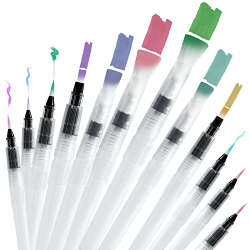 Junreox 12Pcs Watercolor Brush Pens, Premium Leakproof Water Brush Pen with 6 Assorted Tips for Aquarelle, Gouache, Acrylics, Refillable Paint Pens, Arts Value Set - Image 1