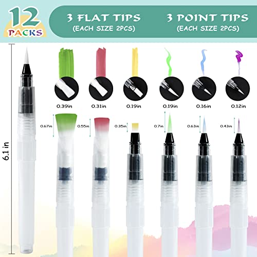Junreox 12Pcs Watercolor Brush Pens, Premium Leakproof Water Brush Pen with 6 Assorted Tips for Aquarelle, Gouache, Acrylics, Refillable Paint Pens, Arts Value Set - Image 2