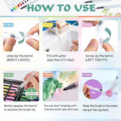 Junreox 12Pcs Watercolor Brush Pens, Premium Leakproof Water Brush Pen with 6 Assorted Tips for Aquarelle, Gouache, Acrylics, Refillable Paint Pens, Arts Value Set - Image 3