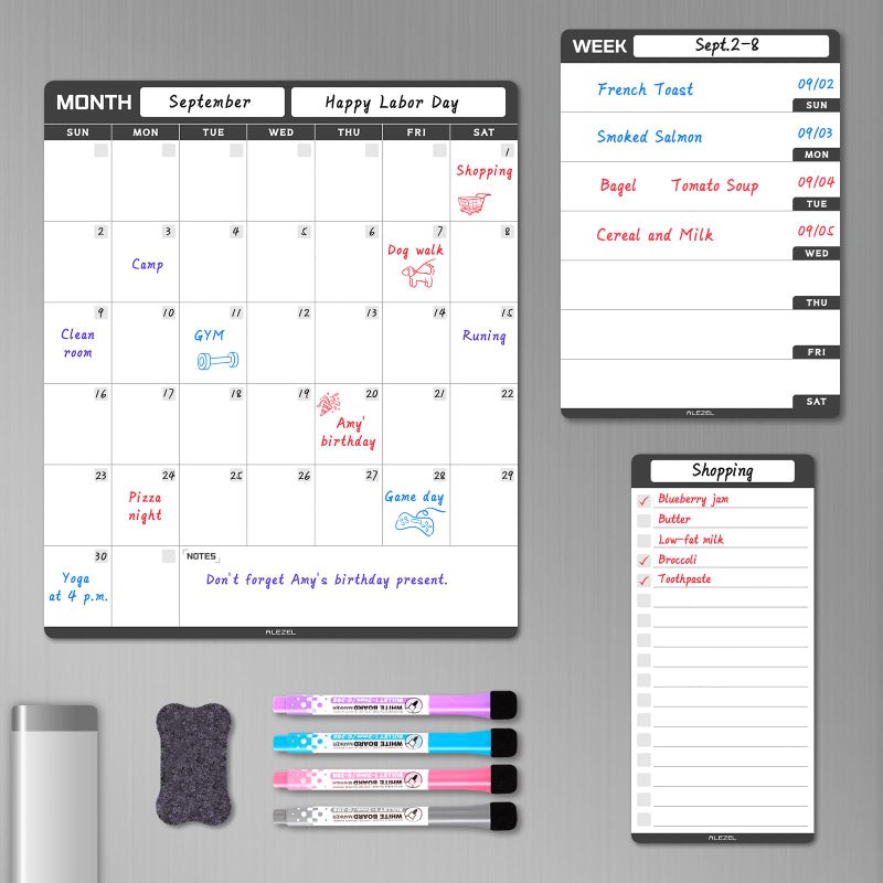 ALEZEL Magnetic Dry Erase Calendar for Refrigerator, Vertical Calendar Whiteboard for Fridge, Includes Magnetic Monthly Calendar & Weekly Dry Erase Board, List Board, 4 Markers + Eraser - Image 1
