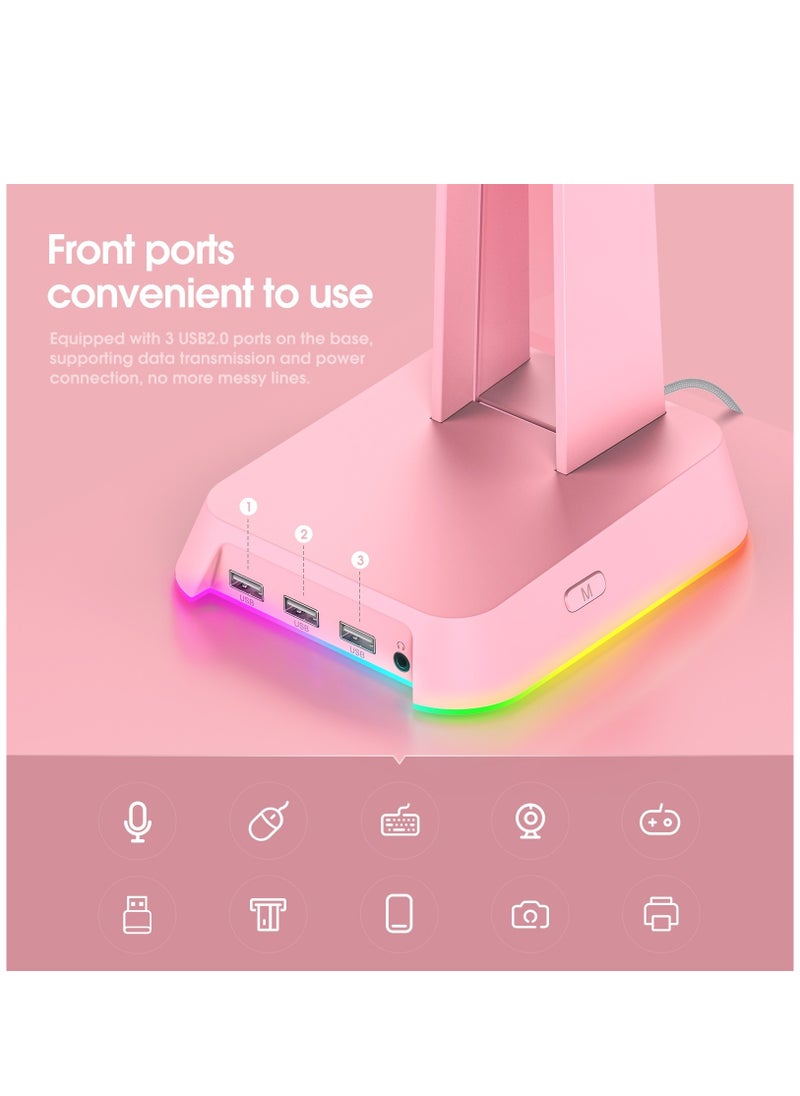 onikuma ONIKUMA ST2 Pink RGB Gaming Headphone Stand with 3 USB and 3.5mm AUX Ports  - Image 5