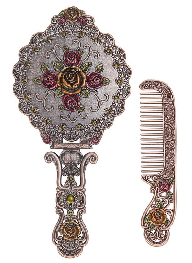 Nerien Vintage Mirror Comb Set Metal Antique Rose Style Handheld Makeup Mirror Travel Round Folding Cosmetic Mirror Women'S Vanity Handle Foldable Mirror Decorative Tabletop Mirror Copper  - Image 1