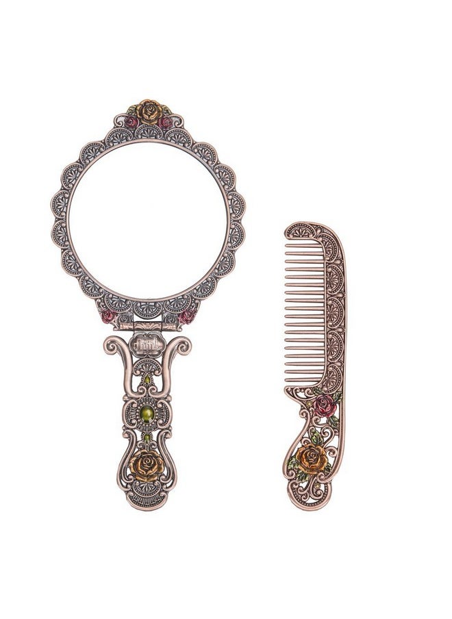 Nerien Vintage Mirror Comb Set Metal Antique Rose Style Handheld Makeup Mirror Travel Round Folding Cosmetic Mirror Women'S Vanity Handle Foldable Mirror Decorative Tabletop Mirror Copper  - Image 2