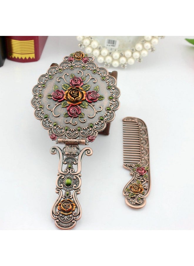 Nerien Vintage Mirror Comb Set Metal Antique Rose Style Handheld Makeup Mirror Travel Round Folding Cosmetic Mirror Women'S Vanity Handle Foldable Mirror Decorative Tabletop Mirror Copper  - Image 5