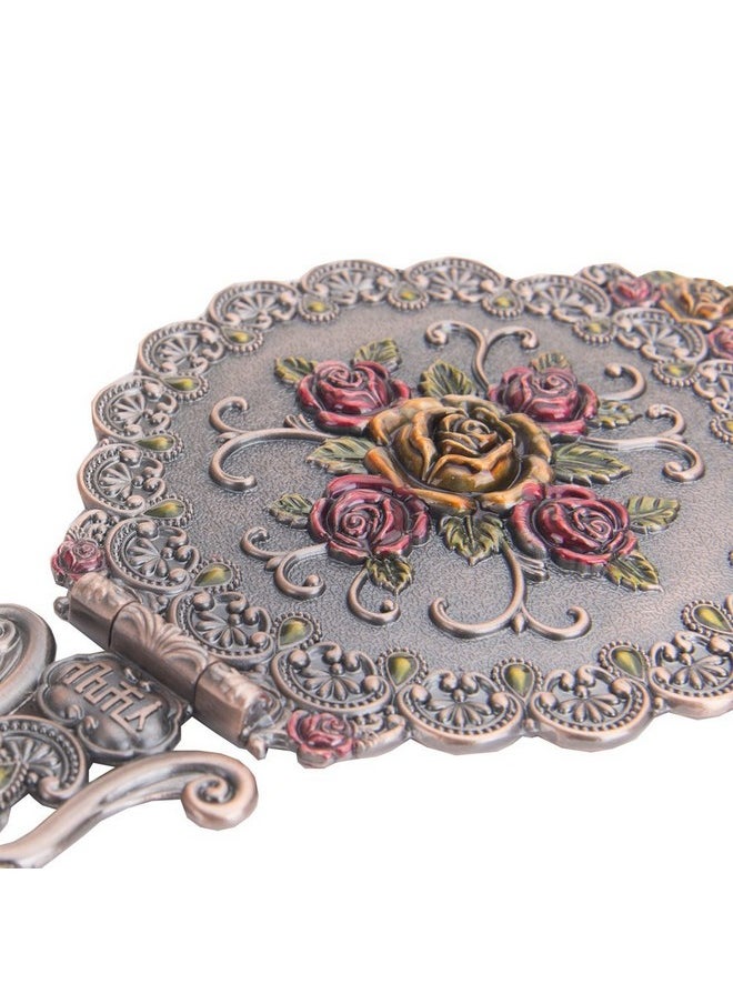 Nerien Vintage Mirror Comb Set Metal Antique Rose Style Handheld Makeup Mirror Travel Round Folding Cosmetic Mirror Women'S Vanity Handle Foldable Mirror Decorative Tabletop Mirror Copper  - Image 3