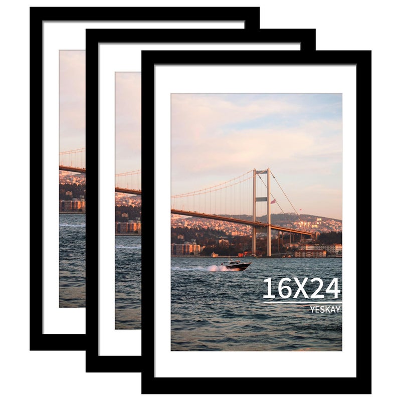YESKAY 16x24 Picture Frame Black Set of 3, Display Pictures 12x18 with Mat or 16 x 24 Without Mat, Poster Frames 16x24 Poster Frames for Wall Hanging Horizontal and Vertical - Image 1