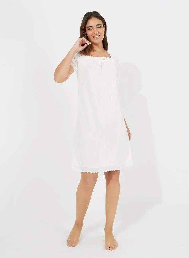 Styli Rib Lace Trim Bow Detail Knee Length Nightdress