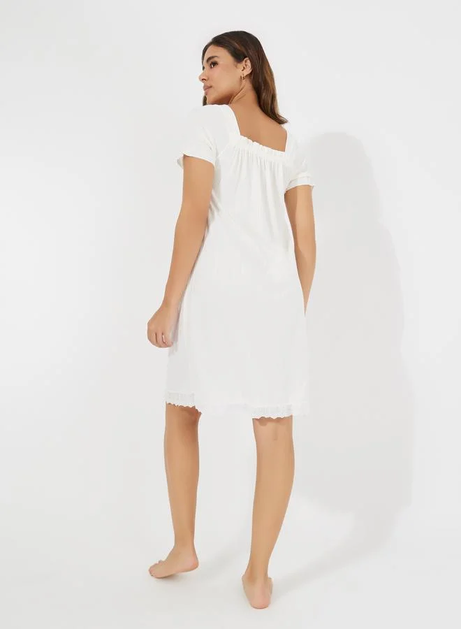 Styli Rib Lace Trim Bow Detail Knee Length Nightdress